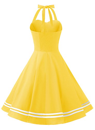 Timormode Vestido Cóctel Corto Vintage 50s Cuello Halter Vestido De Fiesta Rockabilly Mujer Amarillo S