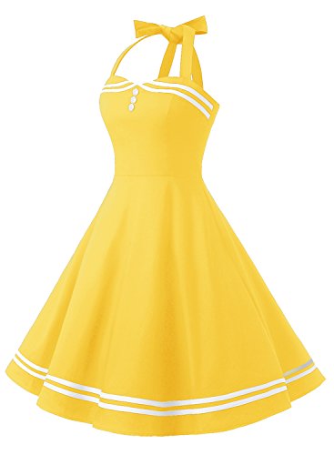 Timormode Vestido Cóctel Corto Vintage 50s Cuello Halter Vestido De Fiesta Rockabilly Mujer Amarillo S