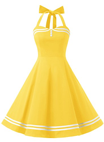 Timormode Vestido Cóctel Corto Vintage 50s Cuello Halter Vestido De Fiesta Rockabilly Mujer Amarillo S