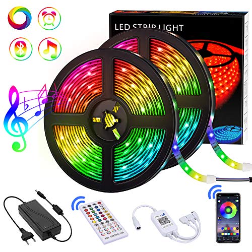 Tiras LED 10M Bluetooth, Teaisiy Tira de LED RGB 5050 Impermeable IP65 con 12V 300LEDS y 40 Botones Control Remoto para Casa, Bar, Fiesta, Restaurante