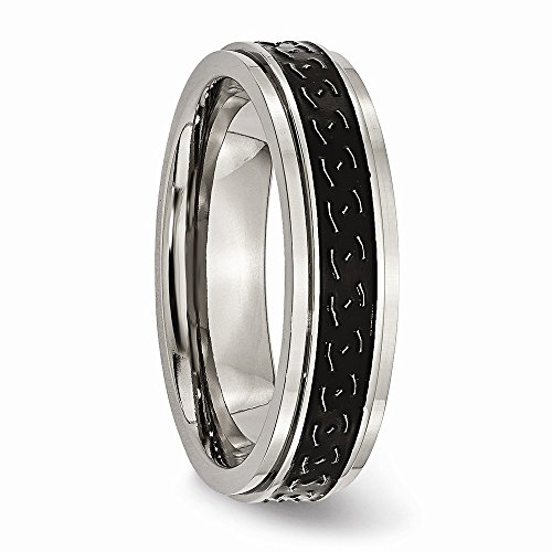 Titanium Ridged Edge Black Enamel Braid Design 6mm Polished Wedding Band Ring - Size 6