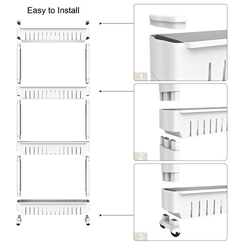 Todeco - Estante con Ruedas, Estantería de Almacenamiento con Ruedas - Material: Plástico - Peso: 2,44 kg - 4 compartimientos, 112 x 54 x 12 cm, Blanco