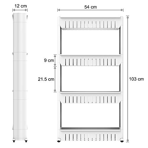 Todeco - Estante con Ruedas, Estantería de Almacenamiento con Ruedas - Material: Plástico - Peso: 2,44 kg - 4 compartimientos, 112 x 54 x 12 cm, Blanco