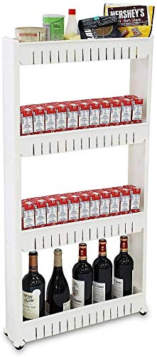 Todeco - Estante con Ruedas, Estantería de Almacenamiento con Ruedas - Material: Plástico - Peso: 2,44 kg - 4 compartimientos, 112 x 54 x 12 cm, Blanco