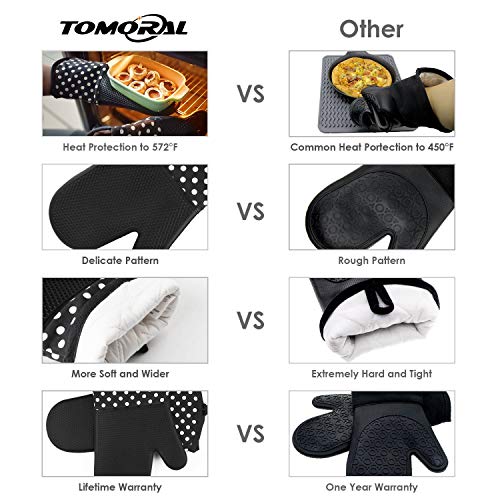 TOMORAL - Manoplas de silicona para horno, resistentes al calor hasta 572 °F, guantes de cocina para cocinar, hornear, barbebue potholder, guantes de cocción, 1 par, color negro