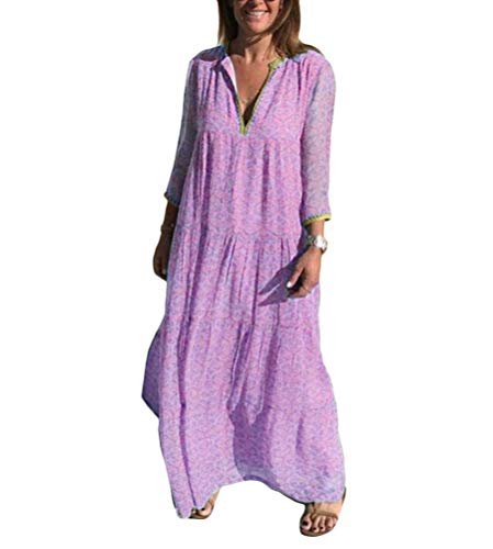 Tomwell Mujer Casual Vestidos Verano Playa Fiesta Manga Largo Cuello en V Floral Boho Largo Vestido Elegante Chic Maxi Vestid B Morado 40