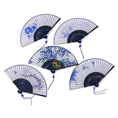 TOORY mural Ventilador clásico de Estilo Chino, Porcelana Azul y Blanca para Mujer, Acolchado de Seda, Ventilador Plegable, Escenario para Mujer, Abanico Artesanal-Azul y Blanco