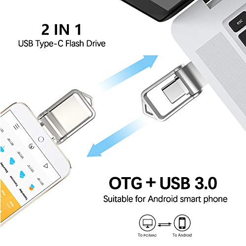 TOPESEL Memoria USB 32GB Tipo C USB 3.0 Dual 2 en 1 OTG Flash Drive Pendrives Impermeable, Mini Llave USB Portátiles para Samsung Galaxy S8, S8 Plus, Note 8, LG G6, V30, Google Pixel XL, Plata