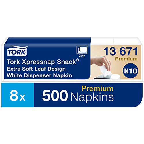 Tork Xpressnap Snack 13671 Servilleta extrasuave Premium / 2 capas/Recambios para el sistema N10 servilletero / 8 paquetes x 500 servilletas / 21,3 cm x 21,6 cm/Blanco con diseño de hojas