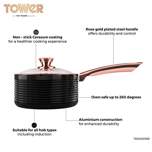 TOWER - Juego de cacerolas, Set de cacerolas de 3 tamaños Distintos, Aluminio, Black/Rose Gold, 3-Piece