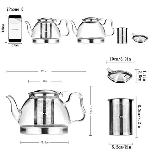 TOYO HOFU Tetera de cristal claro con infusor resistente al calor estufa de gas seguridad/cocina de inducción seguridad desmontable infusor de acero inoxidable 1100ml/39oz