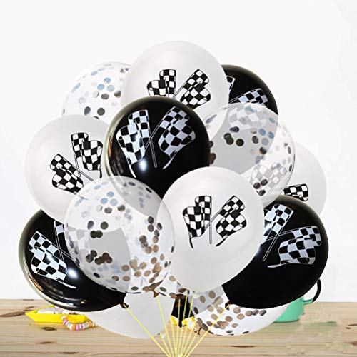 Toyvian Bandera de Carreras en Blanco y Negro Globos Impresos Lentejuelas Confeti Globos de látex para la Fiesta temática de Carreras 15 Piezas