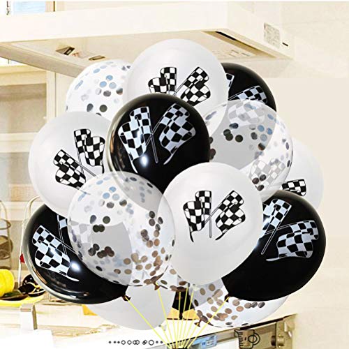 Toyvian Bandera de Carreras en Blanco y Negro Globos Impresos Lentejuelas Confeti Globos de látex para la Fiesta temática de Carreras 15 Piezas