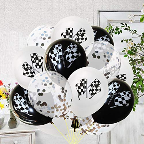 Toyvian Bandera de Carreras en Blanco y Negro Globos Impresos Lentejuelas Confeti Globos de látex para la Fiesta temática de Carreras 15 Piezas