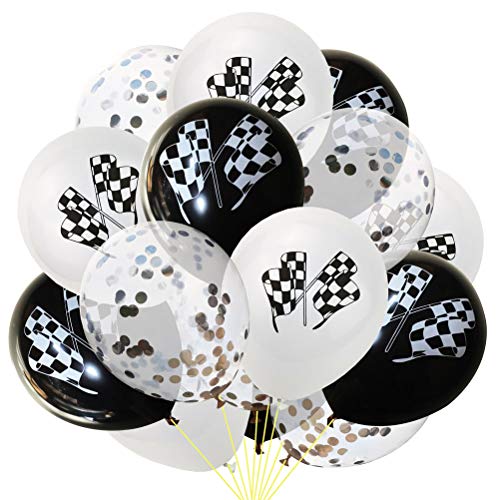 Toyvian Bandera de Carreras en Blanco y Negro Globos Impresos Lentejuelas Confeti Globos de látex para la Fiesta temática de Carreras 15 Piezas