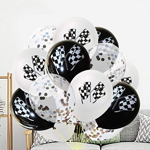 Toyvian Bandera de Carreras en Blanco y Negro Globos Impresos Lentejuelas Confeti Globos de látex para la Fiesta temática de Carreras 15 Piezas