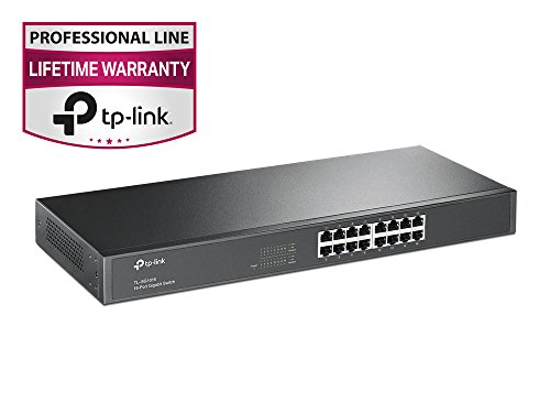 TP-Link 16-Puertos Gigabit Ethernet Switch No Gestionable, Plug and Play, Carcasa Metálica, Montaje en rack, Sin ventilado, Vitalicia Limitada (TL-SG1016) Negro (FBA_TL-SG1016)