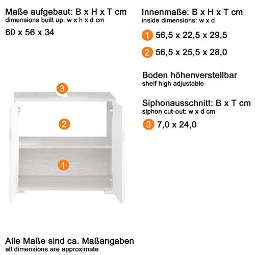 Trendteam 133630196 Set One - Mueble para debajo de lavabo, Mueble base Skin Gloss, roble San Remo claro, parte frontal en blanco brillante, 60 x 56 x 34 cm