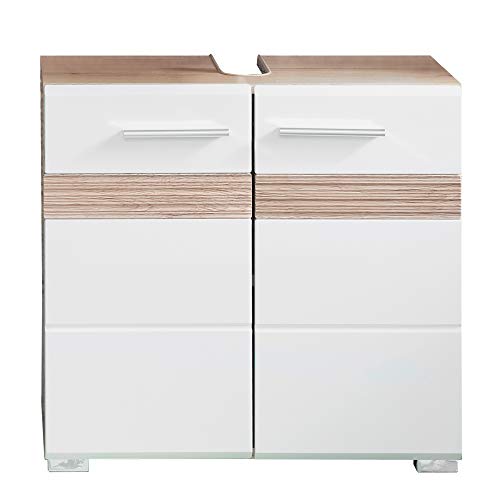 Trendteam 133630196 Set One - Mueble para debajo de lavabo, Mueble base Skin Gloss, roble San Remo claro, parte frontal en blanco brillante, 60 x 56 x 34 cm