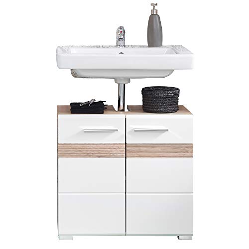 Trendteam 133630196 Set One - Mueble para debajo de lavabo, Mueble base Skin Gloss, roble San Remo claro, parte frontal en blanco brillante, 60 x 56 x 34 cm