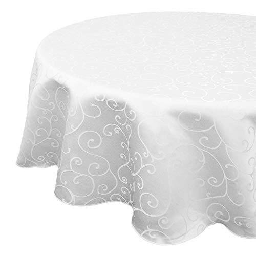 Trimming Shop Blanco Redondo Adamascado Mantel con Un Superposición Rama Remolino Patrón para Navidad Vajilla, Banquete, Fiestas, Cena, Cocina, Restaurante, Boda (Individual) - 1 Unidad, 70 Inches