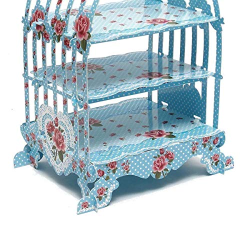 Trimming Shop Estilo Vintage Jaula Tema Plegable Cartón 3-Tier Soporte Cupcakes Mesa & Fiesta Decor para Bodas, High-Tea, Cumpleaños, Aniversario Fiestas - Azul