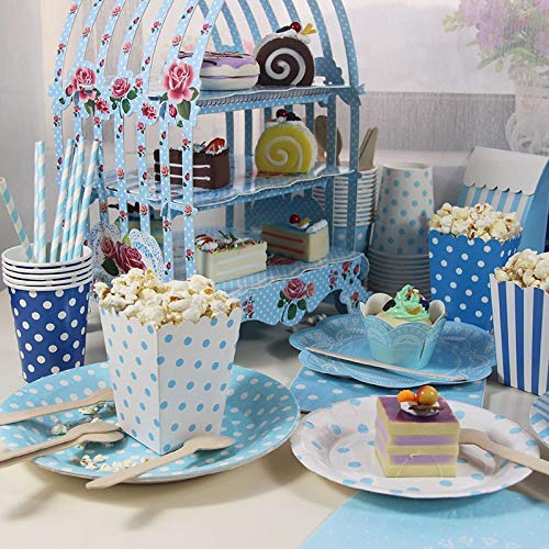 Trimming Shop Estilo Vintage Jaula Tema Plegable Cartón 3-Tier Soporte Cupcakes Mesa & Fiesta Decor para Bodas, High-Tea, Cumpleaños, Aniversario Fiestas - Azul