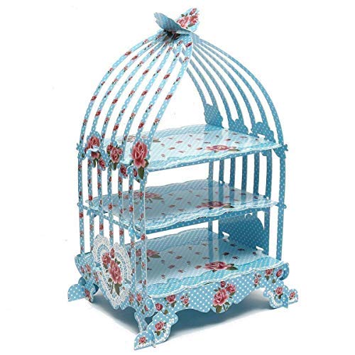 Trimming Shop Estilo Vintage Jaula Tema Plegable Cartón 3-Tier Soporte Cupcakes Mesa & Fiesta Decor para Bodas, High-Tea, Cumpleaños, Aniversario Fiestas - Azul