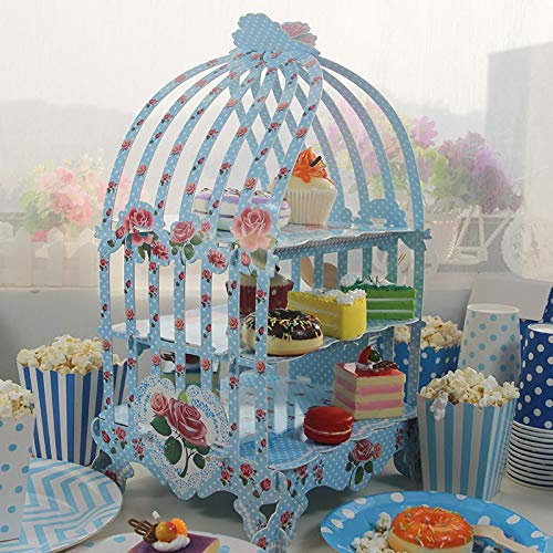 Trimming Shop Estilo Vintage Jaula Tema Plegable Cartón 3-Tier Soporte Cupcakes Mesa & Fiesta Decor para Bodas, High-Tea, Cumpleaños, Aniversario Fiestas - Azul