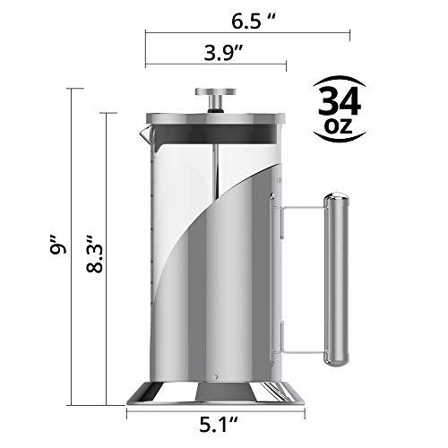 TRIPLE TREE Cafetera Francesa con Escala 1000ml, Cafetera Émbolo con Filtración de 4 capas, Tetera Cristal con Soporte de Acero Inoxidable 304 (Despegable), para Lavavajillas - Plata