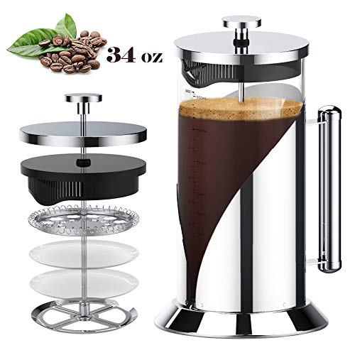 TRIPLE TREE Cafetera Francesa con Escala 1000ml, Cafetera Émbolo con Filtración de 4 capas, Tetera Cristal con Soporte de Acero Inoxidable 304 (Despegable), para Lavavajillas - Plata