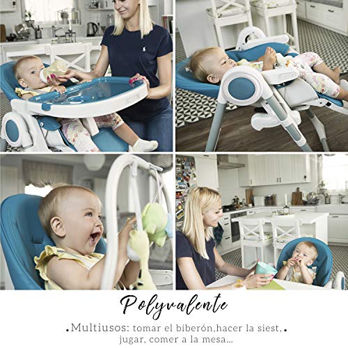 Trona para Bebe Evolutiva, Ajustable y Plegable - 7 Alturas Diferentes, Respaldo para Niño Reclinable 5 Posiciones, Bandeja Extraíble mediante Clip (Limpieza Sencilla), Cojín Bebé Confort