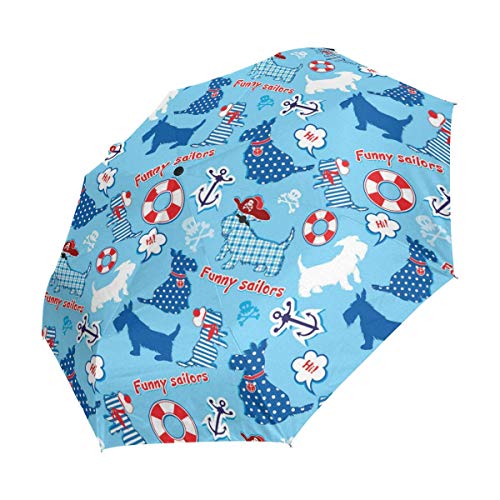 Trushop Paraguas Automático Funny Scottish Terrier Dogs with Tag Blue Compact Automati Wind Proof Travel Umbrella