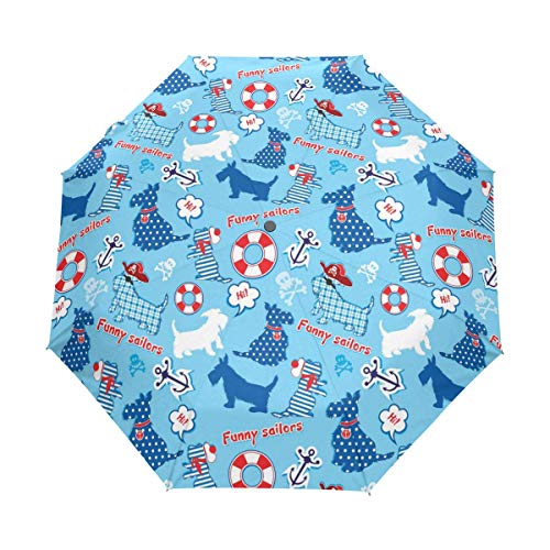 Trushop Paraguas Automático Funny Scottish Terrier Dogs with Tag Blue Compact Automati Wind Proof Travel Umbrella