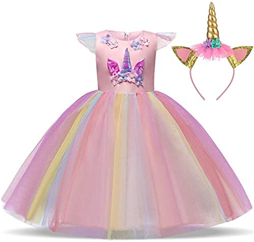 TTYAOVO Chicas Unicornio Fancy Vestido Princesa Flor Desfile de Niños Vestidos sin Mangas Volantes Vestido de Fiesta Talla 3-4 Años Rosado
