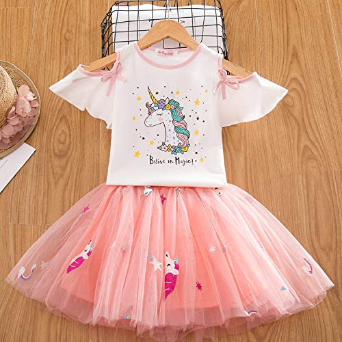 TTYAOVO Conjunto de Ropa para Niñas, Camiseta Unicornio Tops de Niña con Vestido de Fiesta de Cumpleaños de Princesa de Tul 4-5 Años Unicornio Blanco