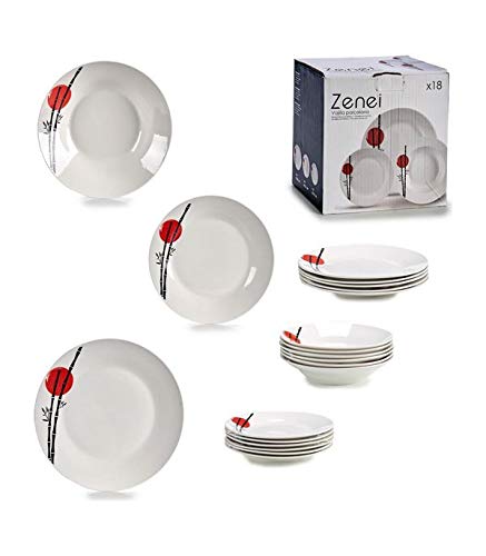 TU TENDENCIA ÚNICA Vajilla de Porcelana Modelo Zenei 18pzs para 6 comensales. Medidas: Plato Llano 24cm, Plato Hondo 21cm, Plato Postre 19cm