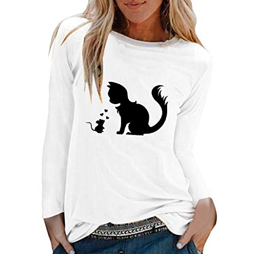 TUDUZ Camisas Mujer Manga Larga Blusas Impresión Tops Cuello Redondo Camisetas (Blanco .d, L)