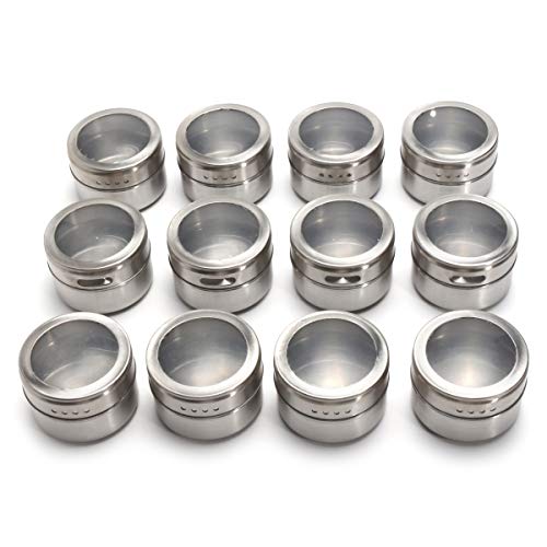 TuToy 12Pcs Acero Inoxidable Especia Magnética Lata Cocina Contenedores De Almacenamiento Tarros Tapa Transparente