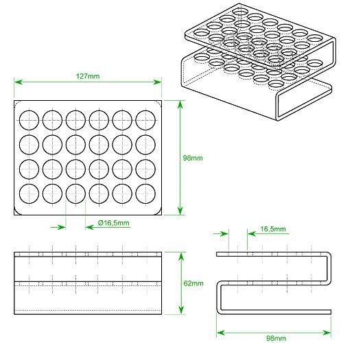 Tuuters.de - Soporte para tubos de ensayo (acrílico, 24 agujeros, 16,5 mm de diámetro)
