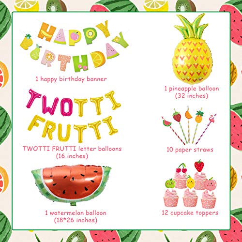 Twotti Fruity Birthday Decorations Artículos para fiestas Twotti Frutti Globos, Primeros de la torta de frutas Pajitas de papel Piña Sandía Globos Verano 2º Fiesta de cumpleaños Tutti Frutti