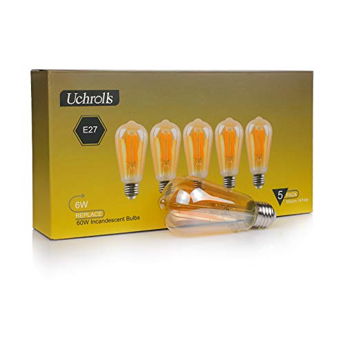 Uchorlls Bombilla de Filamento LED E27, 6W (equivalente a 60W), 700LM, Luz Cálida, No Regulable,E27 Edison Vintage Bombilla de Filamento Antiguo LED Bombilla de Decorativa, Pack de 5