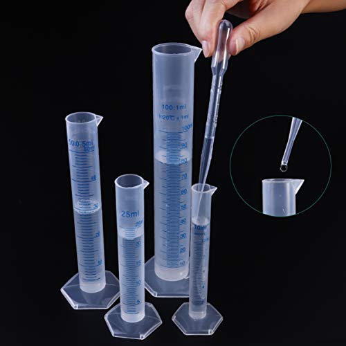 UEETEK 34 piezas de experimentación conjunto, 4 piezas de graduación de plástico Medición de cilindro líquido herramientas de medición 10ml 25ml 50ml 100ml con 30pcs plástico cuentagotas