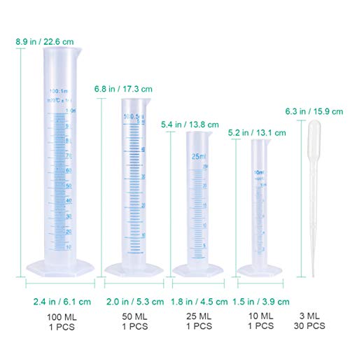 UEETEK 34 piezas de experimentación conjunto, 4 piezas de graduación de plástico Medición de cilindro líquido herramientas de medición 10ml 25ml 50ml 100ml con 30pcs plástico cuentagotas