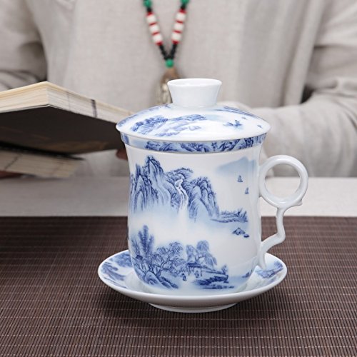 ufengke Jing Dezhen Taza De Té De Porcelana, Conjunto De 4 Piezas Patrón De Flor Dorado Y Punto De Onda, Taza De Té Hecha A Mano China Con Filtro, Para Regalo, La Familia Y La Oficina - Negro 300 Ml