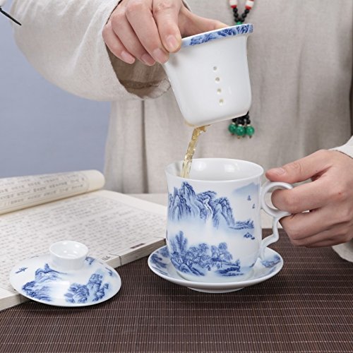 ufengke Jing Dezhen Taza De Té De Porcelana, Conjunto De 4 Piezas Patrón De Flor Dorado Y Punto De Onda, Taza De Té Hecha A Mano China Con Filtro, Para Regalo, La Familia Y La Oficina - Negro 300 Ml