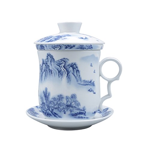 ufengke Jing Dezhen Taza De Té De Porcelana, Conjunto De 4 Piezas Patrón De Flor Dorado Y Punto De Onda, Taza De Té Hecha A Mano China Con Filtro, Para Regalo, La Familia Y La Oficina - Negro 300 Ml