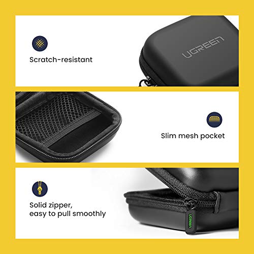 UGREEN Funda Almacenamiento para Auriculares, Bolsa Portátil de EVA con Mosquetón, Estuche Rigida Impermeable Protectora para Auriculares, Airpods, USB Cables,Tarjetas SD, U Disk, Cargador, Negro