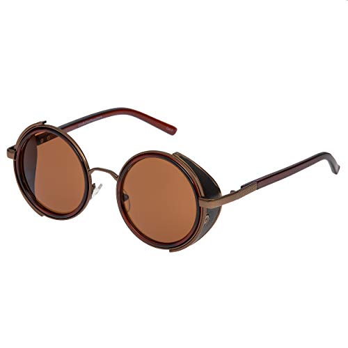 Ultra Marrón Marco Marrón Lentes Gafas de Sol Steampunk Retro Hombres y Mujeres Redondas Gótico Circulo Metal Cyber Lado Anteojeras UV400 Unisex