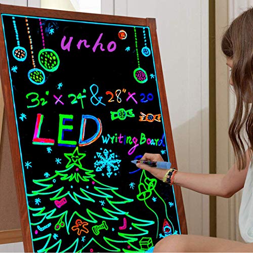 unho Pizarra LED Luminosa 80 x 60cm Tablero de Mensajes LED con 15 Colores y 4 Modo de Luz Pizarra Colgante con Superficie de Vidrio y Marco de Madera Incluye Control Remoto